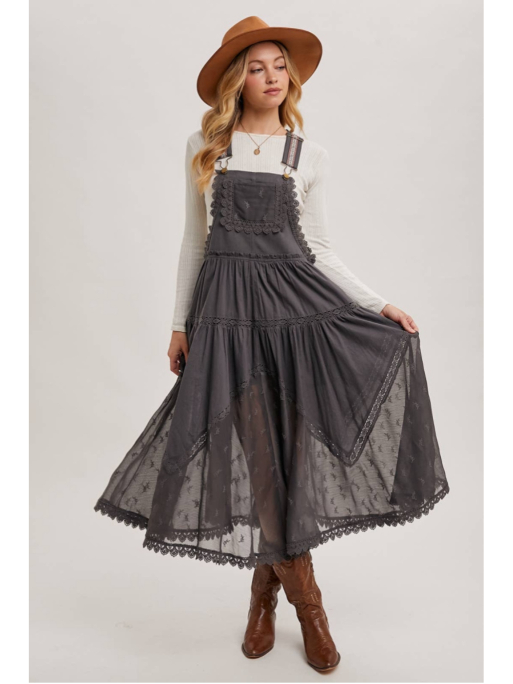 Lace Embroidered Tulle Bib Maxi Bohemian Apron Dress Size XL